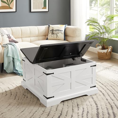 Goujxcy Farmhouse Lift Top Coffee Table, 31.5" Square Wood Center Table with Hidden Storage Compartment for Living Room, Barn Style Central Table Rustic Cocktail Table with Lift Top for Home Office