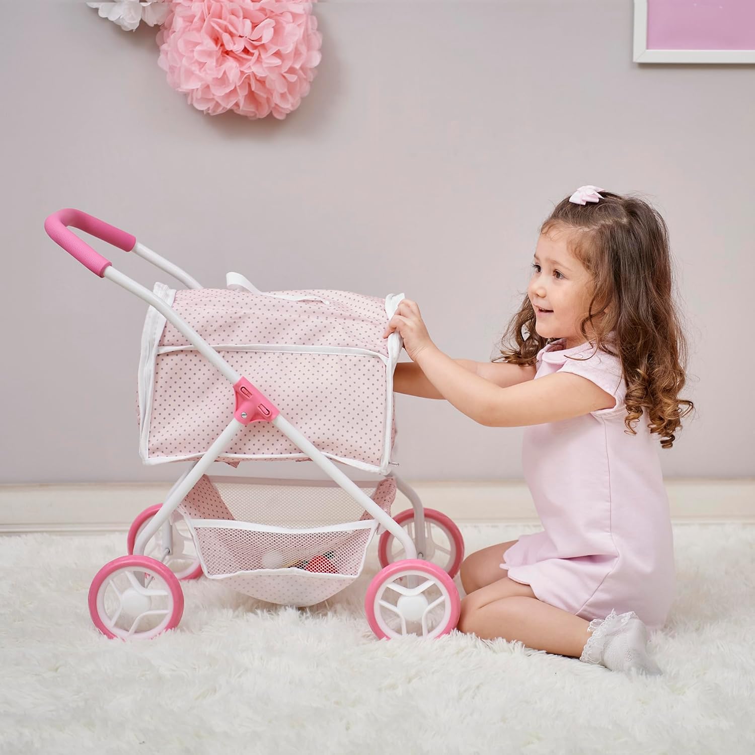Olivia's Little World Polka Dots Princess Doll Stroller with Detachable Pet Carrier, Pink/Gray H22563