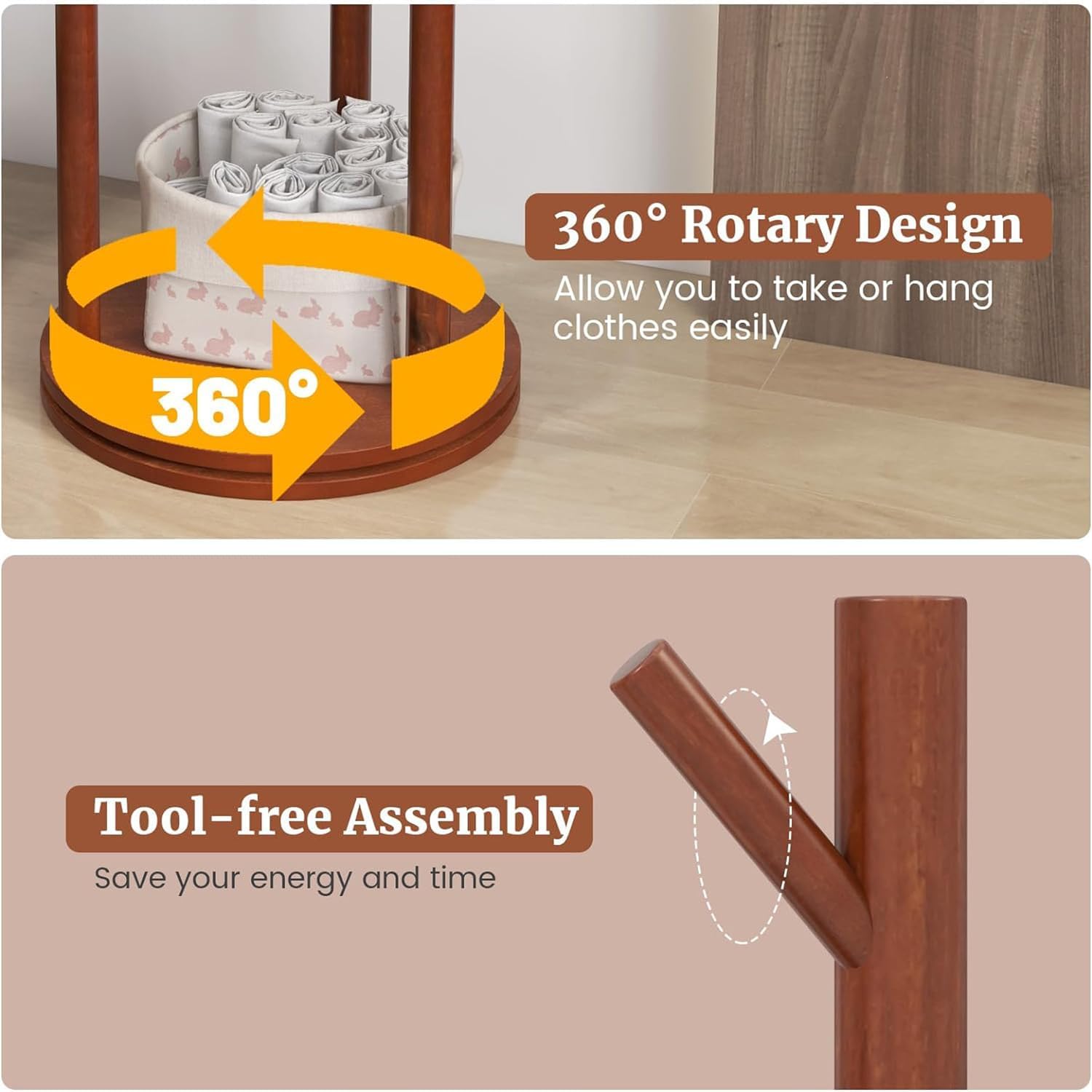 Rotary Coat Rack, Wooden Freestanding with 3 Shelves and 9 Hooks, Walnut F8917