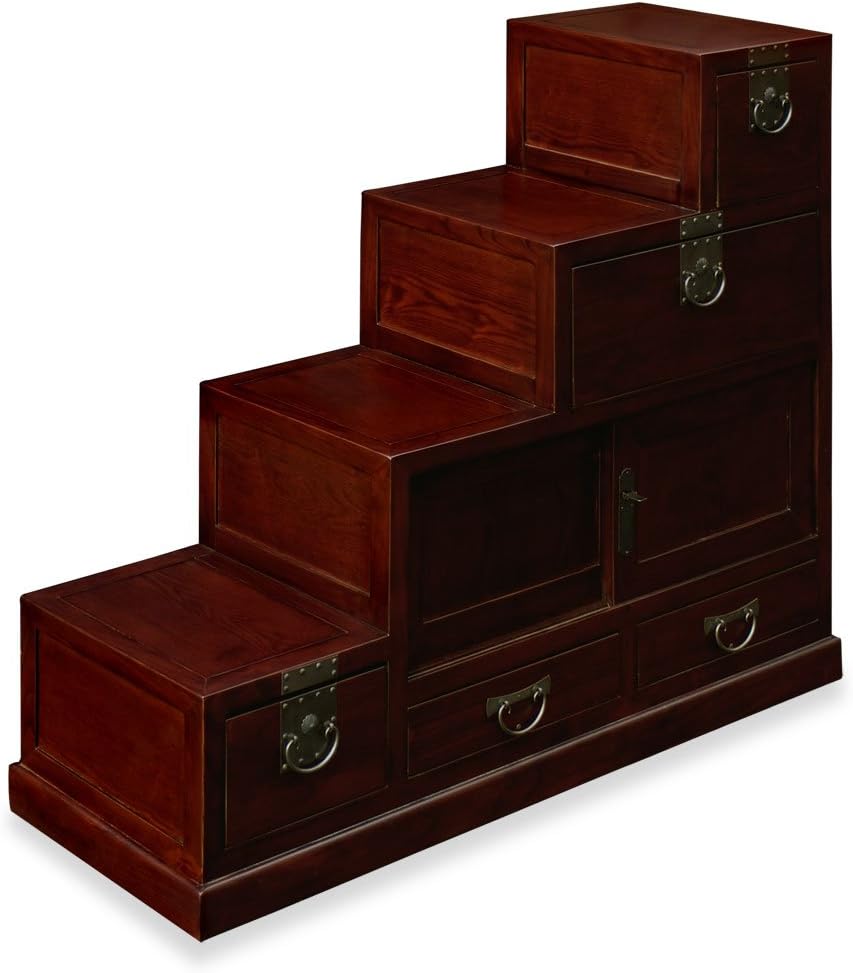 ChinaFurnitureOnline Japanese Style Elmwood Petite Step Tansu Chest - Dark Cherry E59836