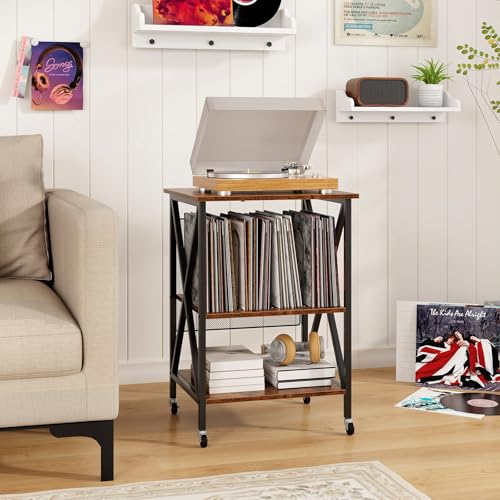 Giantex Record Player Stand with Charging Station, Vinyl Storage Table, Rustic Brown B590639