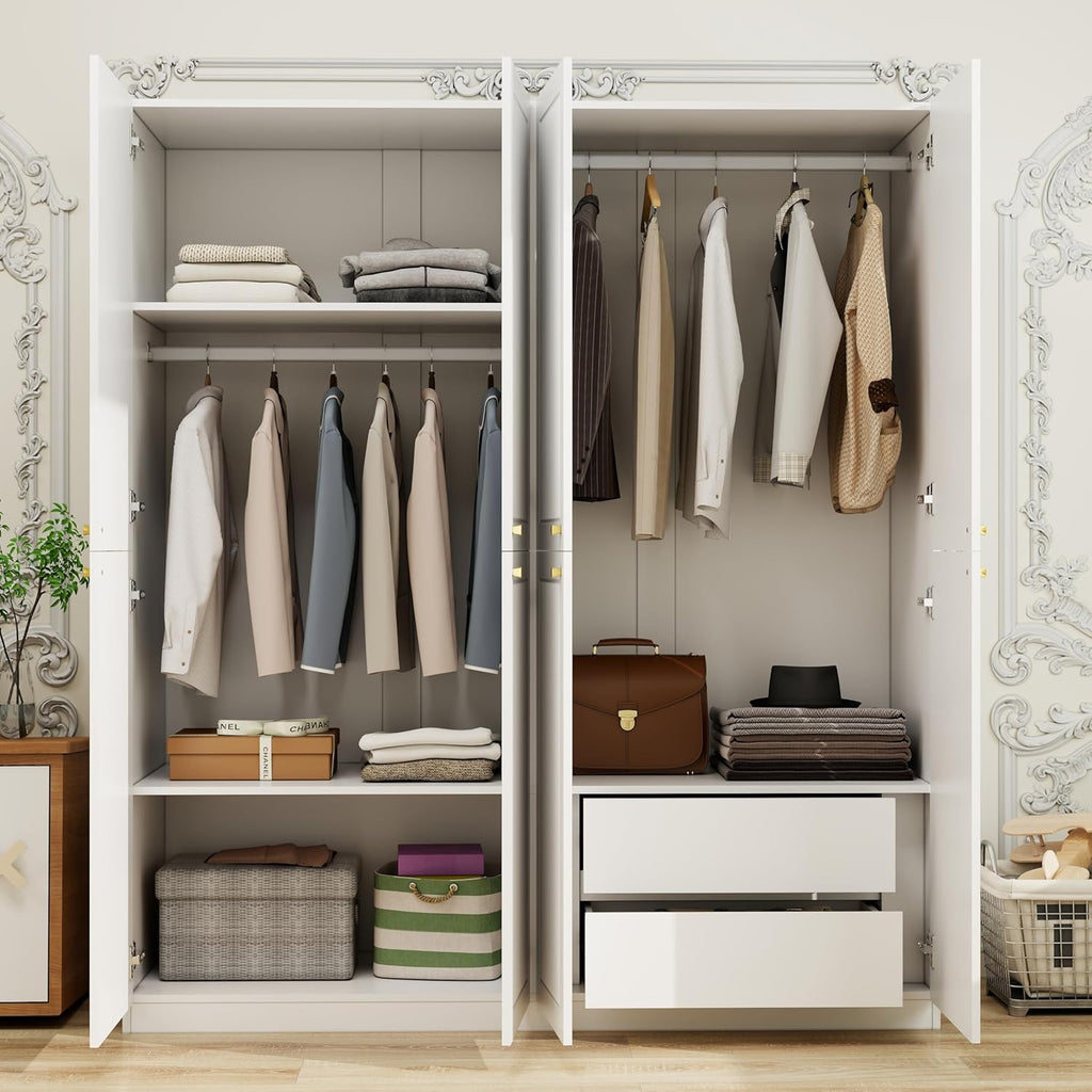 4 Door European Modern Wardrobe Wood White with 2 Storage Drawers A128