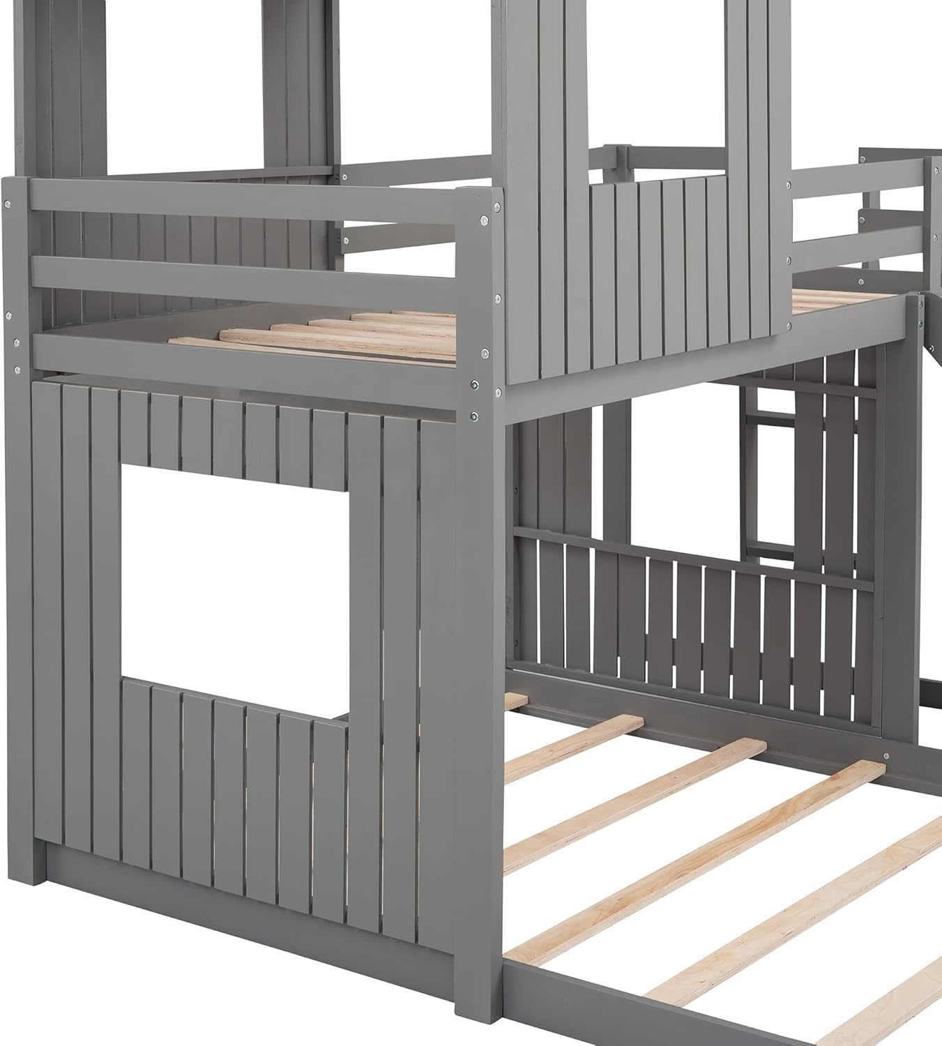 Twin Over Full Wood Bunk Bed with Ladder, Slide and Guardrails, Gray D3749