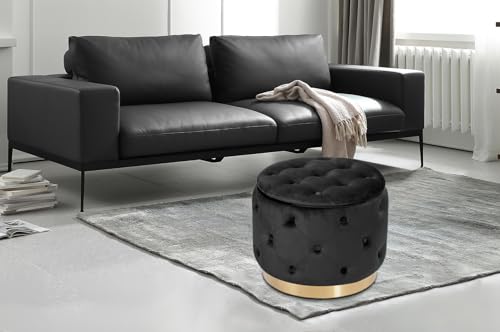 Button Tufted Velvet Round Storage Ottoman with Gold Base, Beige T415647