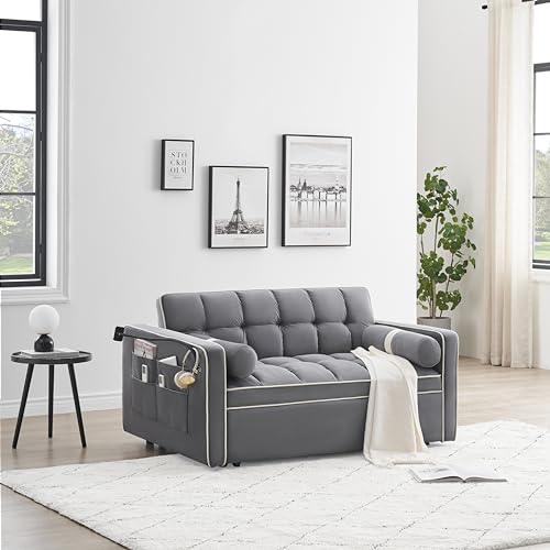 55" Modern Velvet Sleeper Sofa Couch with Pull Out Bed, Gray K15046