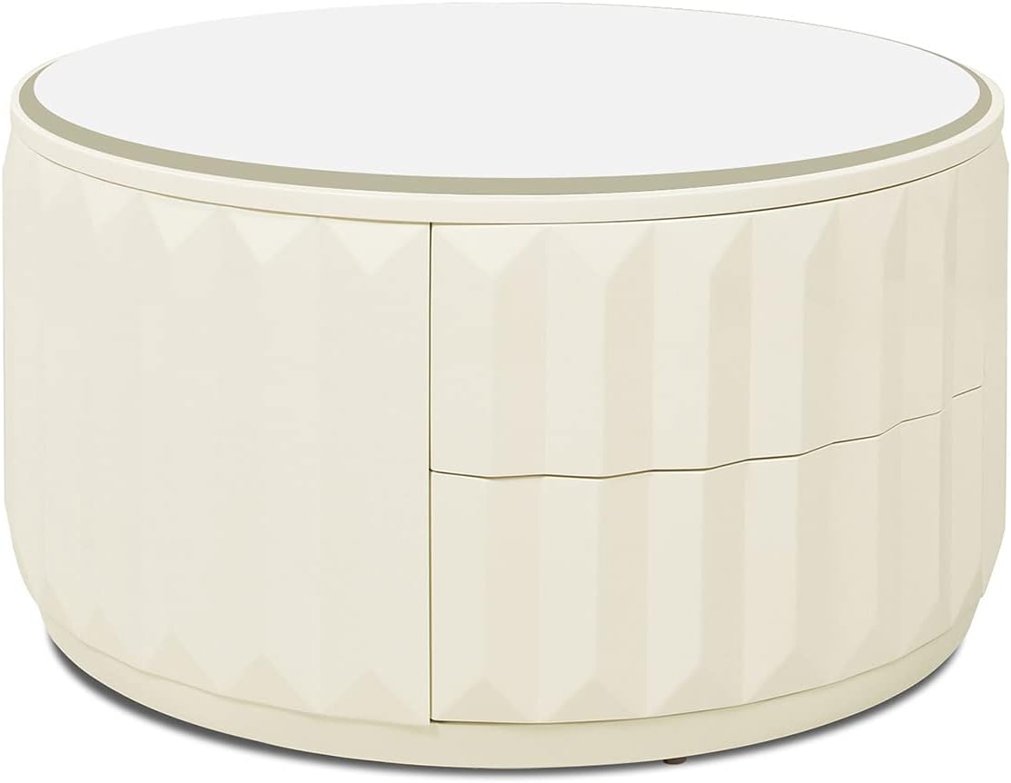 Jennifer Taylor Home JTH LUXE Wilson 35.5" Round Storage Coffee Table, White Lacquer Birchwood A9045