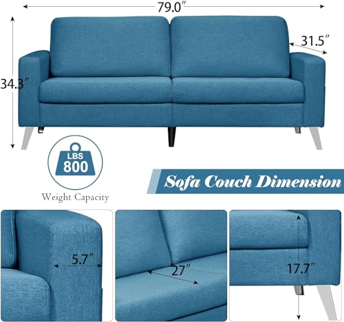 Esright Faux Leather Sofa Couch 79" Wide, Mid Century Modern, Navy Blue I160929
