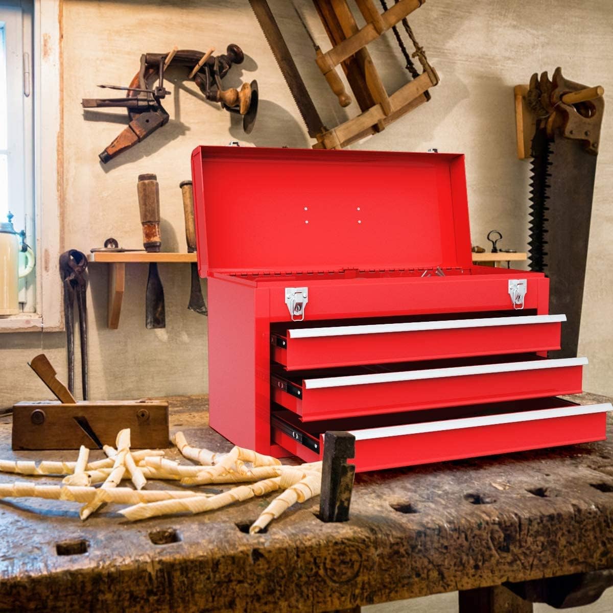 Giantex Portable Steel Tool Box with 3 Drawers, Red A78203