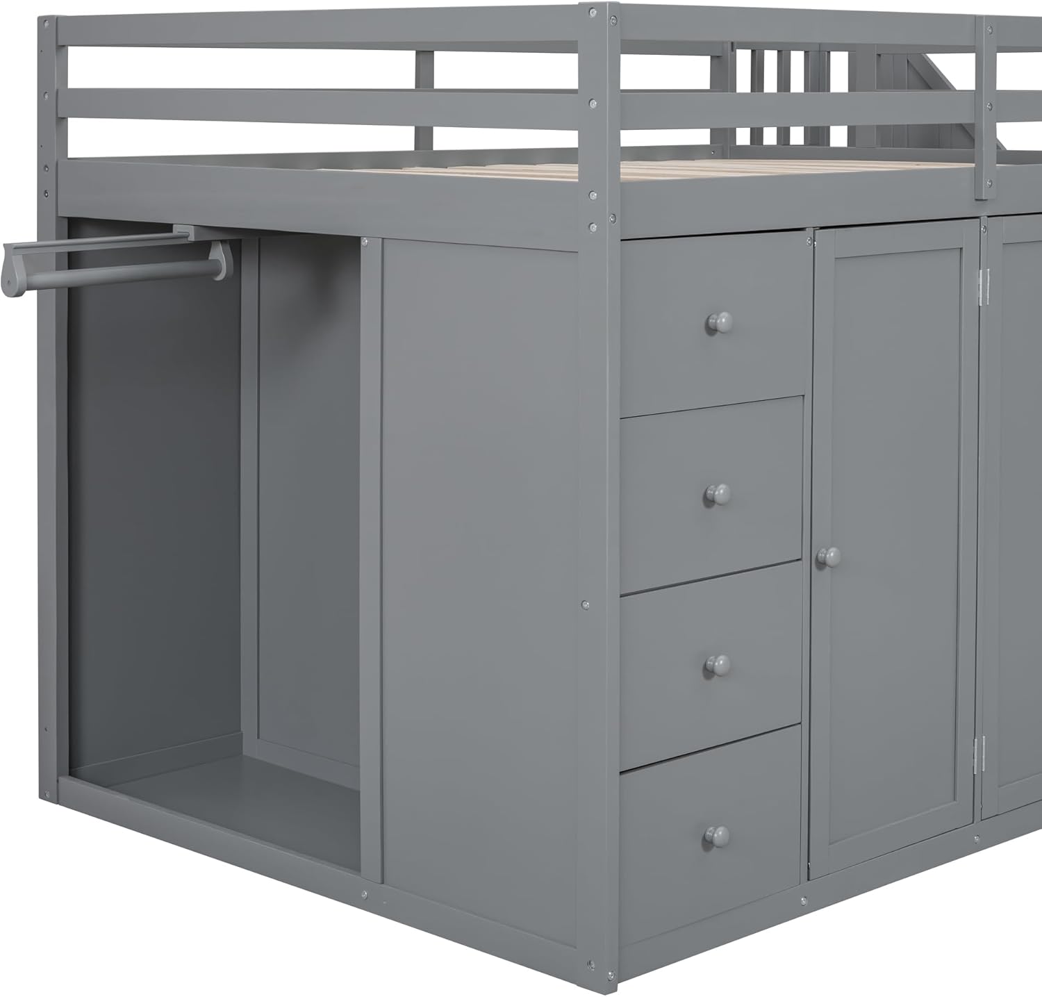 Full Size Wooden Loft Bed with Built-in Wardrobes and Staircase, Gray R8935