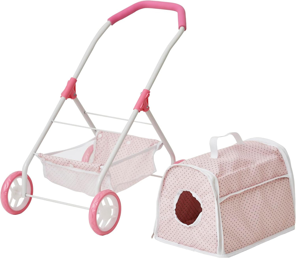 Olivia's Little World Polka Dots Princess Doll Stroller with Detachable Pet Carrier, Pink/Gray H22563