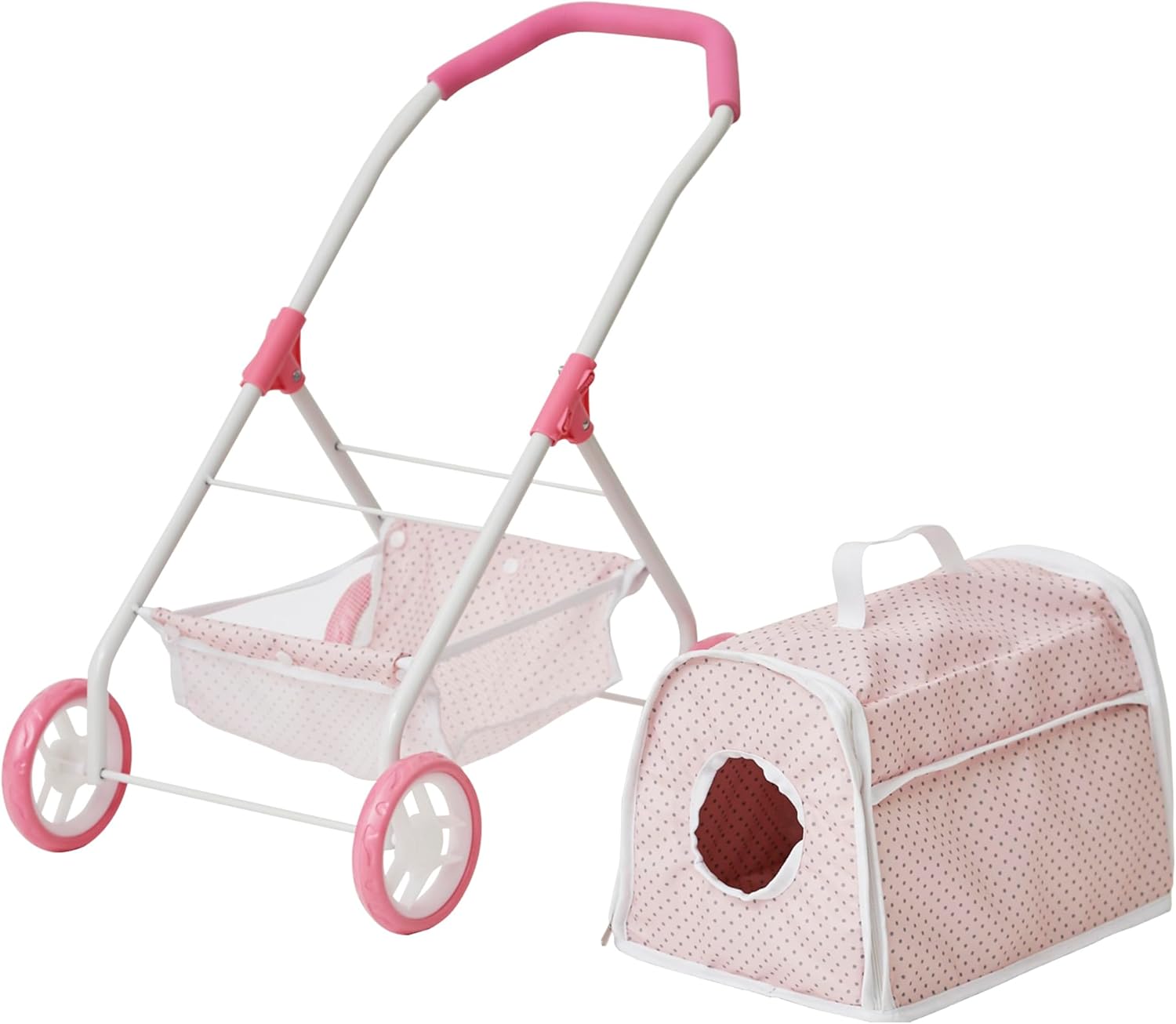 Olivia's Little World Polka Dots Princess Doll Stroller with Detachable Pet Carrier, Pink/Gray H22563