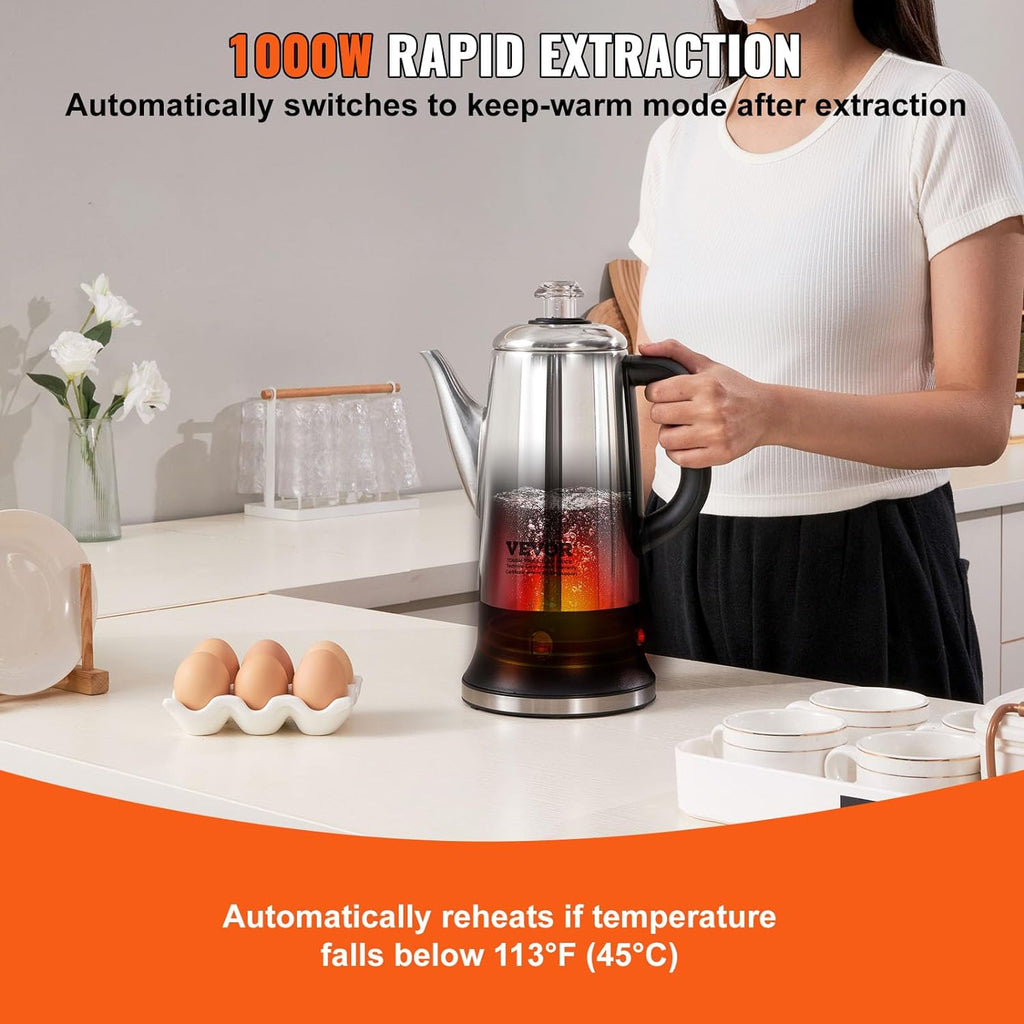 VEVOR 12-Cup Electric Percolator Coffee Pot, 304 Stainless Steel, Silver A1649