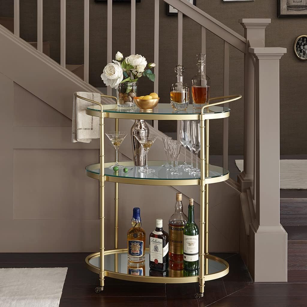 Antique Gold Bar Cart with Glass and Mirror Shelves – Vintage 1930s Inspired Rolling Beverage Serving Cart – 32.25Wx16Dx36H Inches – Low Profile Wheels – Assembly Required