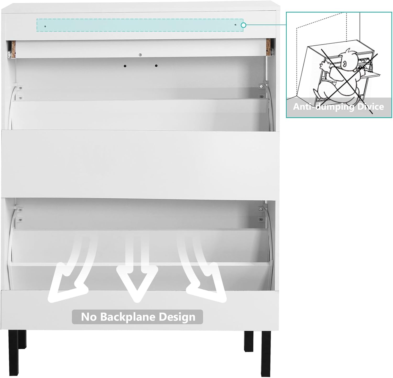 Slim Shoe Cabinet with 2 Flip Drawers White Wooden Storage for Entryway T152