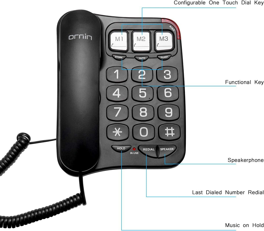Big Button Corded Telephone with Speaker, Desk Phone (Black) V26529