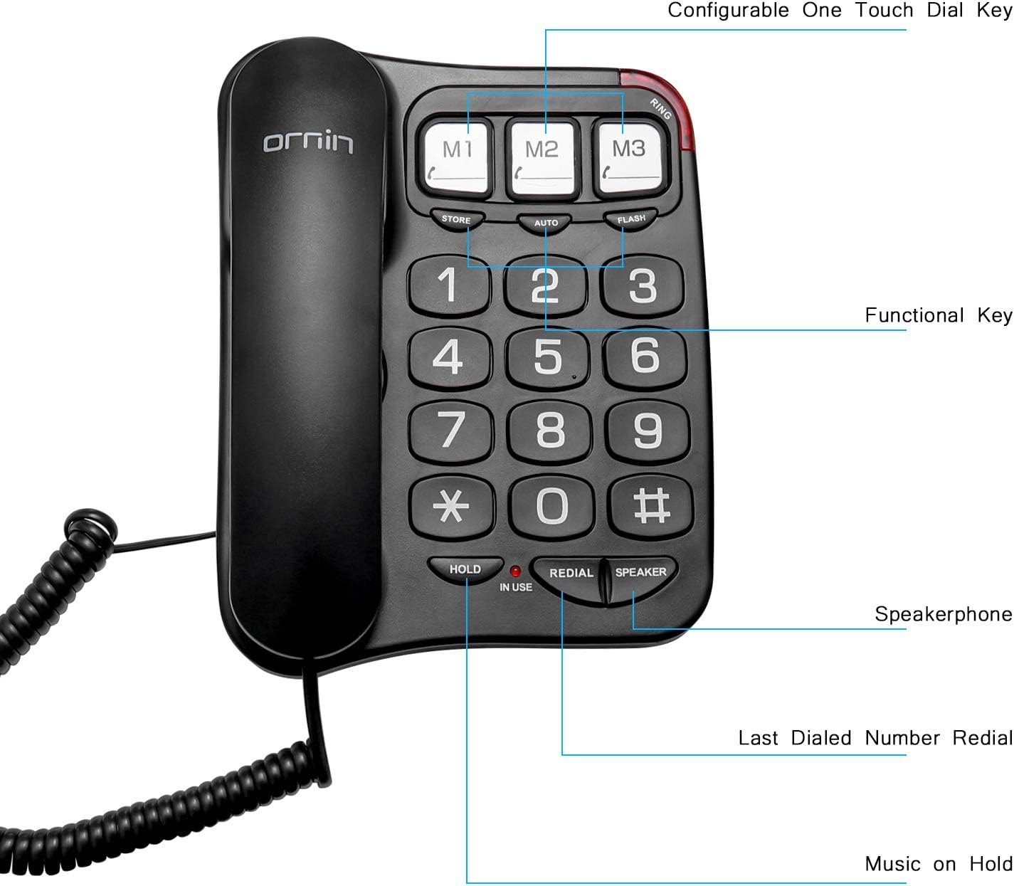 Big Button Corded Telephone with Speaker, Desk Phone (Black) V26529