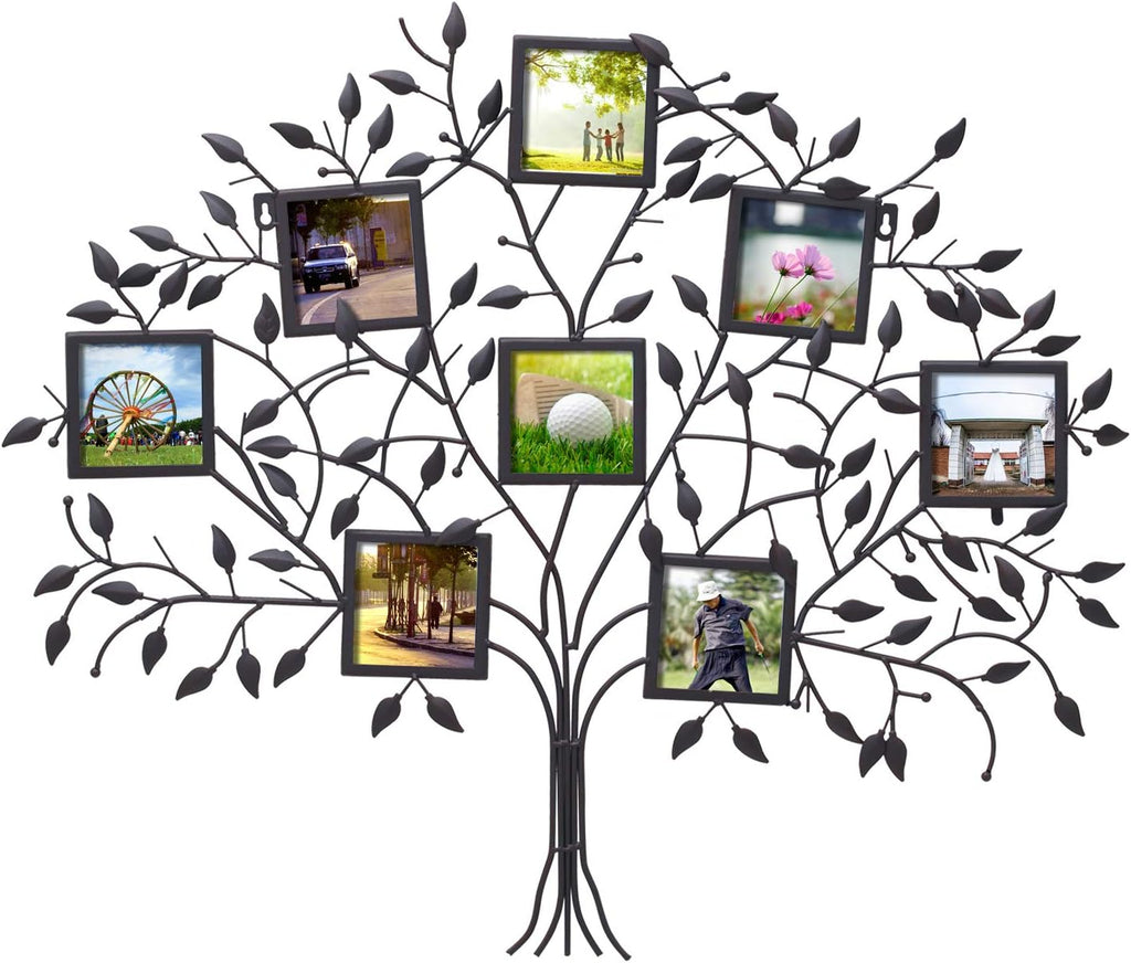Adeco PF0566 Family Tree Metal Wall Hanging Picture Photo Frame, 8 Openings, Black W16719