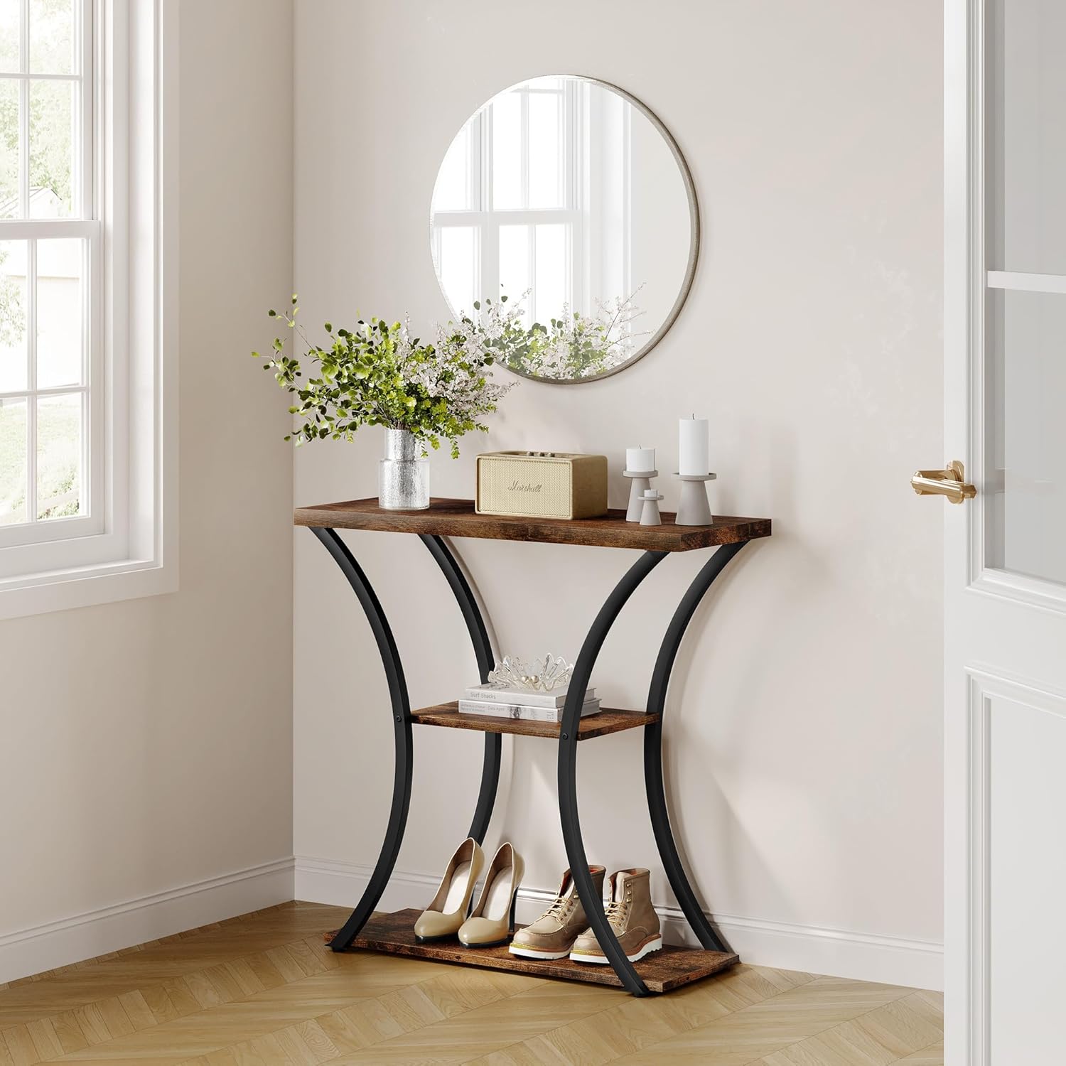 Hoctieon 3 Tier Console Table with Open Wood Shelves, Curved Metal Frames, Rustic Brown+Black E862