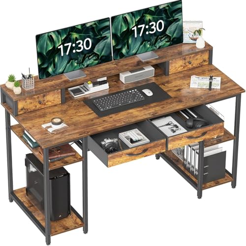 Treesland 55 Inch Computer Desk with Monitor Shelf, 24" Deep, Home Office Desks with Storage, Office Desk with 4 Drawers, Work Desk, Study Writing Desk, Desk with Drawers, Brown