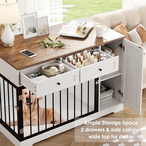 Wooden Dog Crate Furniture with Double Doors and Storage Cabinet for Small Medium Dogs, White H121