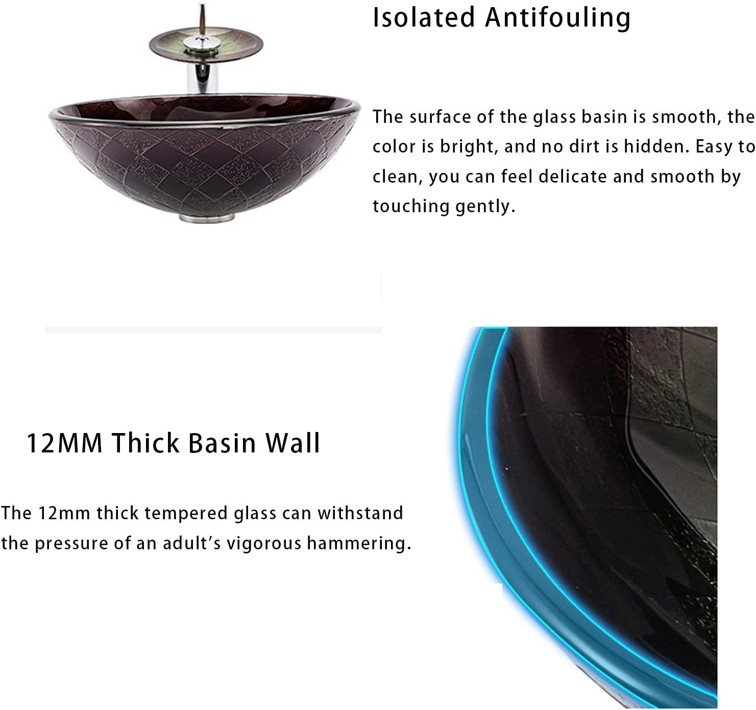 Tempered Glass Round Vessel Sink with Waterfall Faucet F150420