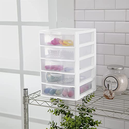 Sterilite Small 5 Drawer Desktop Storage Unit, White with Clear Drawers, 12-Pack K500