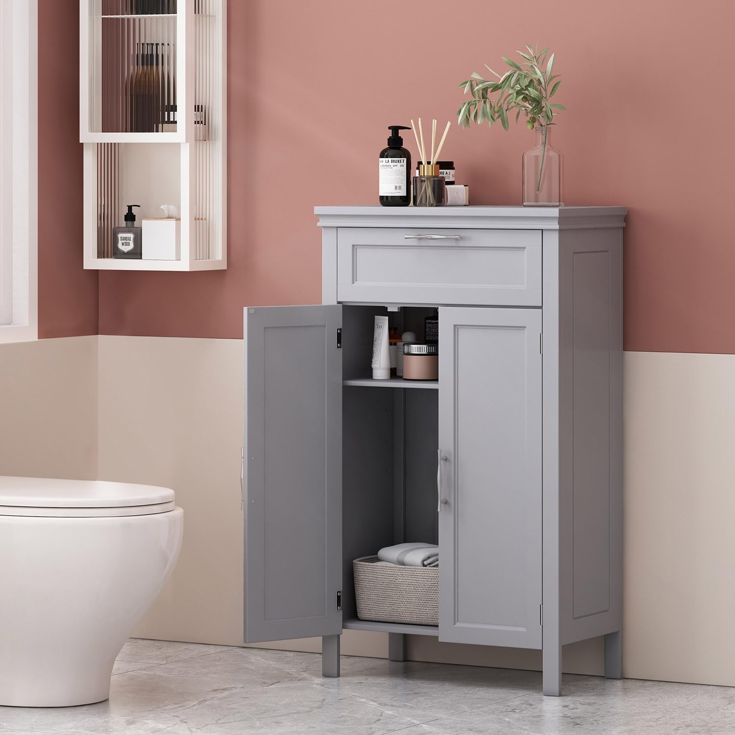 Wooden Bathroom Floor Cabinet with Drawer and Adjustable Shelf Z8140