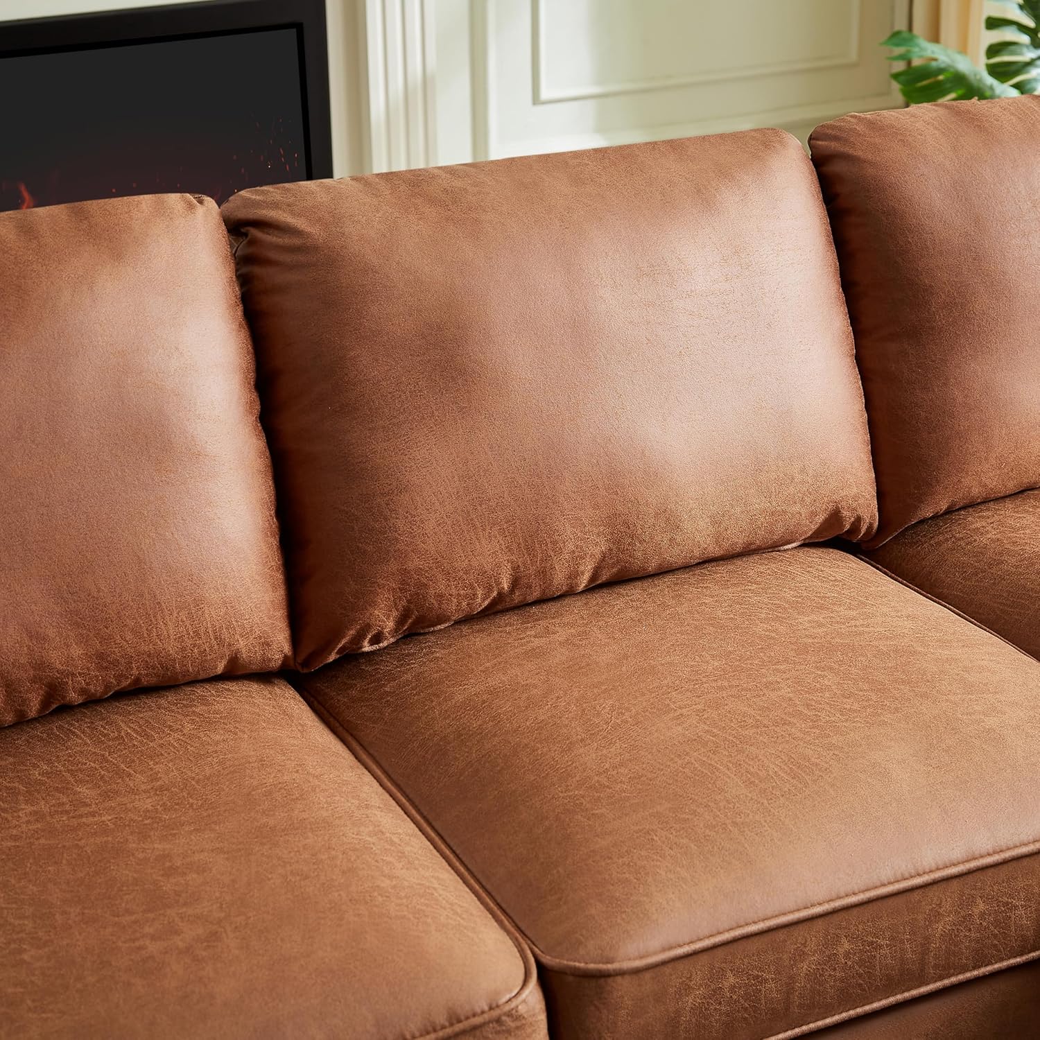 Lifeand 82.2" L-Shape Sofa Couch with Chaise, Mid-Century Copper Nail on Arms, Brown Q393