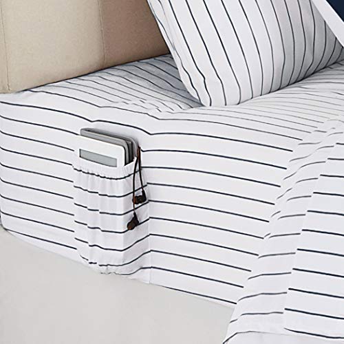 Amazon Basics 7-Piece Reversible Microfiber Bed-in-a-Bag, Full/Queen, Navy Stripe J98606
