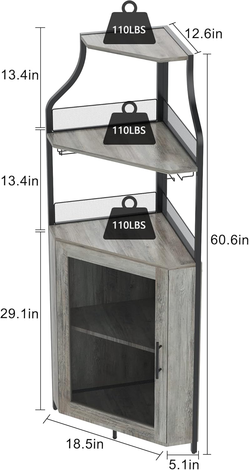 Corner Wine Cabinet with Detachable Rack and Glass Holder, Grey E9167
