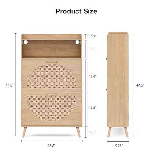 LED Rattan Shoe Storage Cabinet with 2 Flip Drawers, Narrow Wood for Entryway G427963