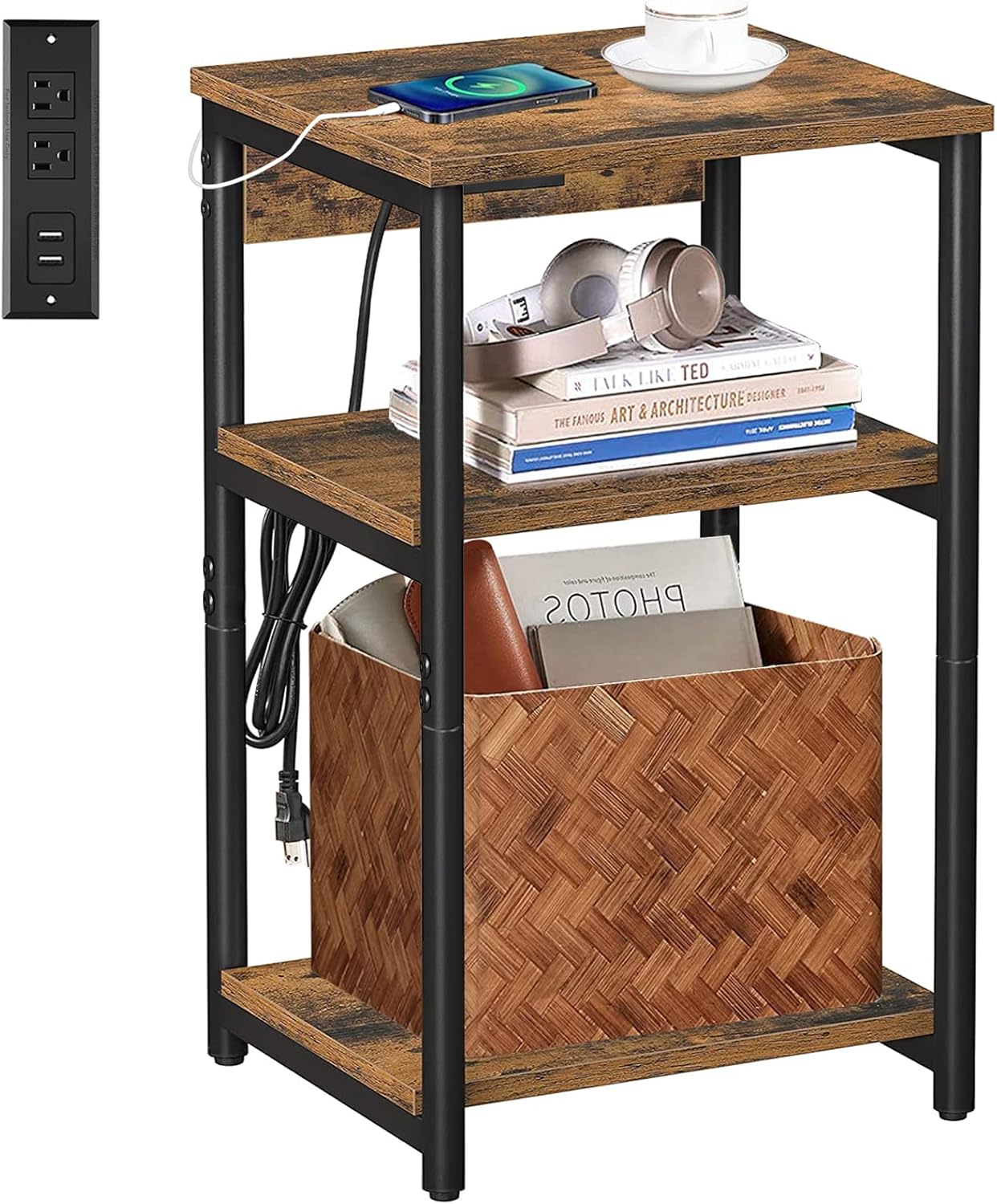 TUTOTAK End Table with Charging Station, 3-Tier Storage Shelf R41158