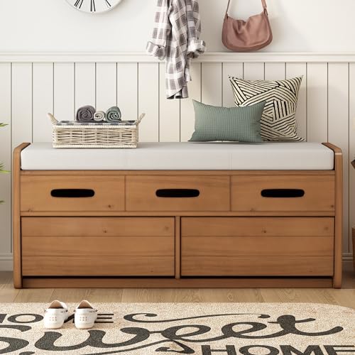 Rustic Wooden Storage Bench with 2 Drawers and Cushion, White O766