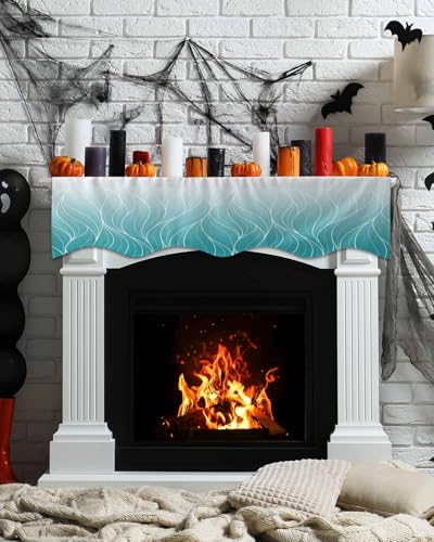 Fireplace Mantel Runner Ombre Teal Blue Geometric White Striped Design 60 x 17 Inches R6859