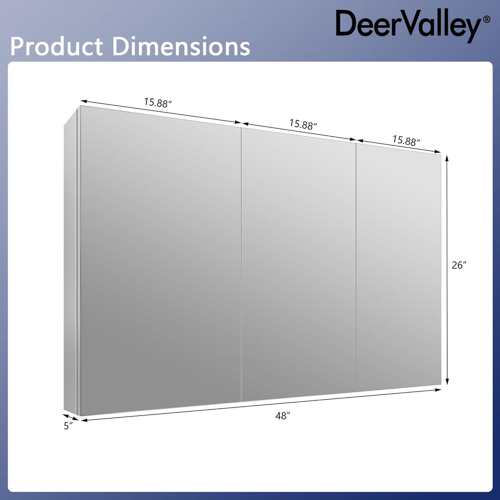 DeerValley 48 inch Aluminum 3 Door Frameless Wall Mount Medicine Cabinet with Mirror S776