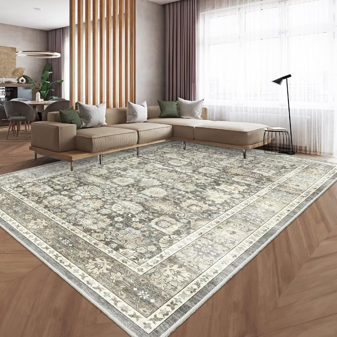 HOMFINE Machine Washable Rug 9'x12' - Vintage Design Area Rugs with Non Slip Rugs for Living Room Bedroom Floral Print Rug Carpet Stain Resistant, Home Decor Office Area Rug, Grey
