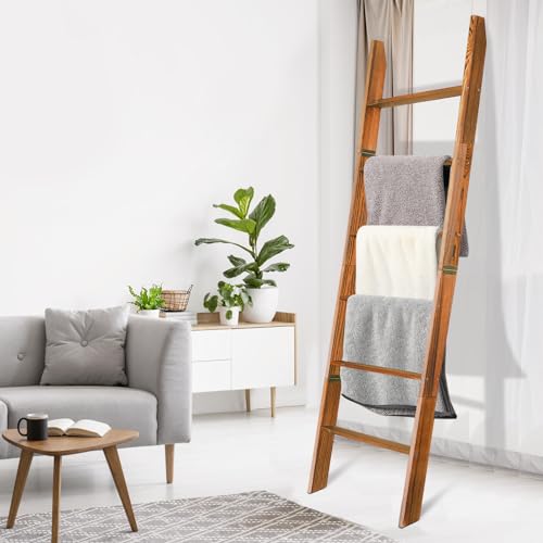 6-Tier Wooden Blanket Ladder with Anti-Slip, Rustic Farmhouse Towel Rack B2758
