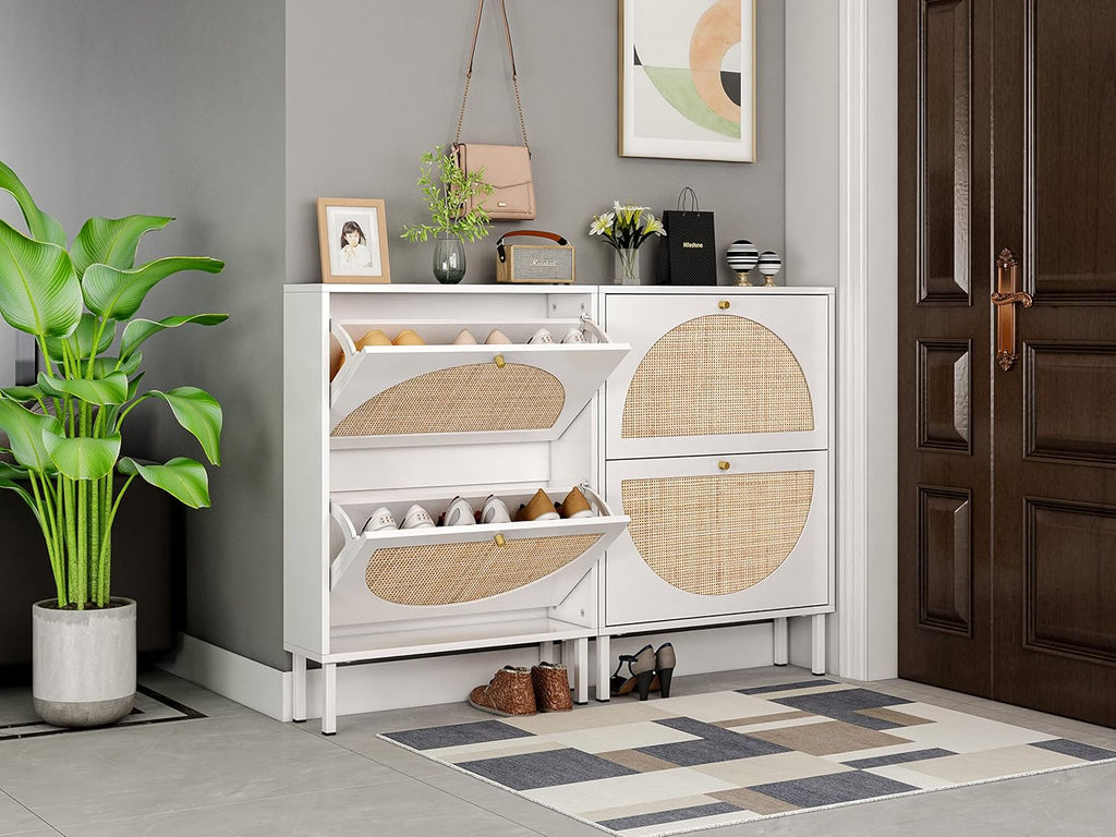 Rattan 2-Drawer Shoe Cabinet Freestanding Shoe Rack Organizer Wooden Entryway Narrow Storage White Y659194