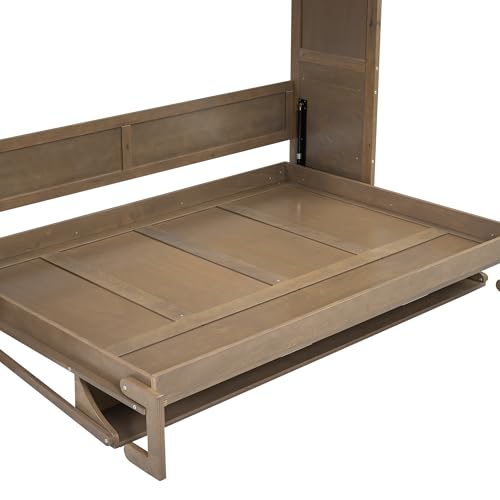 Full Size Murphy Bed Wall Bed with Wardrobe, 3 Drawers and Shelves, Antique Grey T745