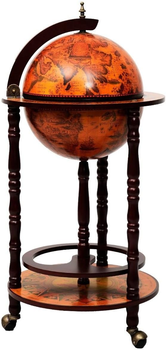 36 Inches Vintage Italian Wood Globe Bar Shelf with Wheels I36734