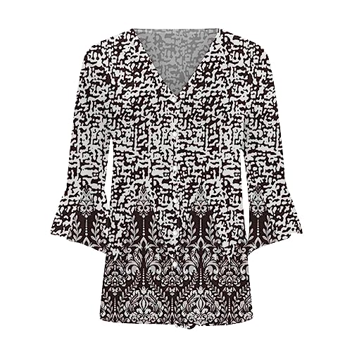 Women's 3/4 Sleeve Bell V Neck Graphic Button Pleated Blouse K8365