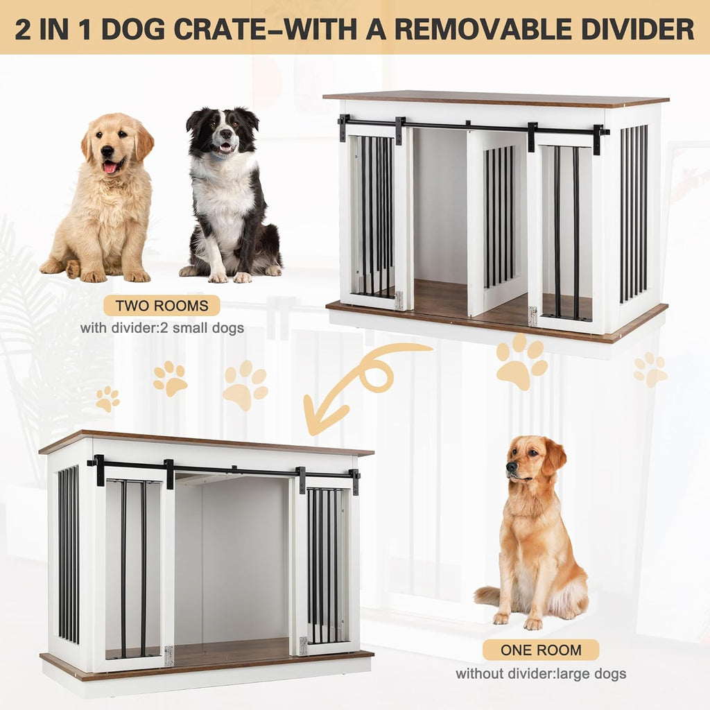 Sunseen Dog Crate Furniture with Divider, Wooden Kennel End Table, White Q35948