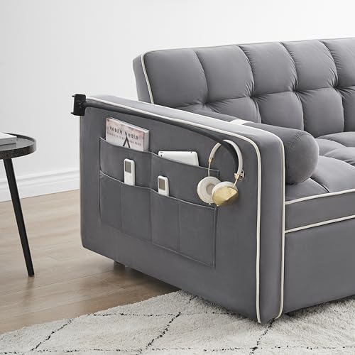 55" Modern Velvet Sleeper Sofa Couch with Pull Out Bed, Gray K15046