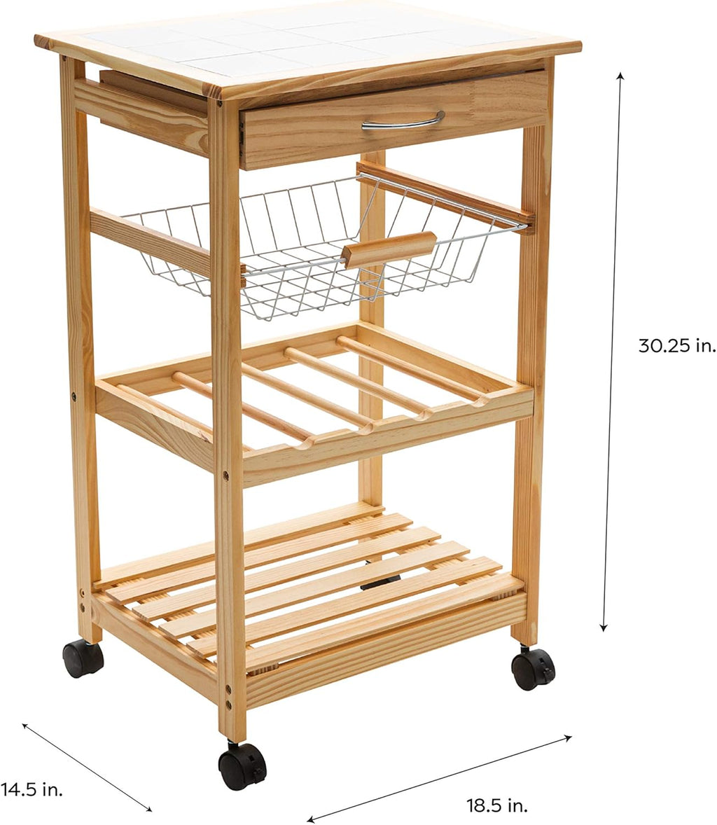 Natural Pinewood Mobile Kitchen Cart with Tile Top, Light Tan C8472