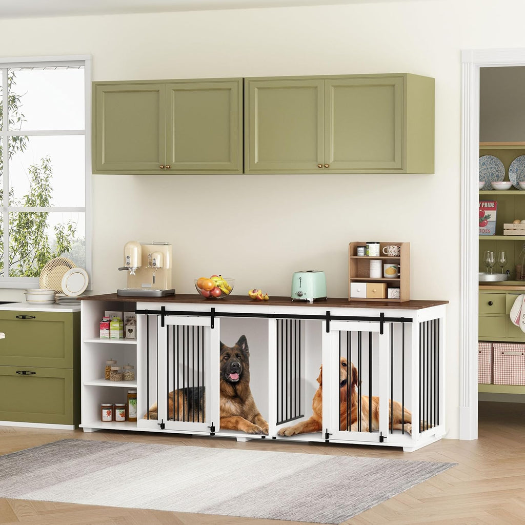 Large Dog Crate Furniture 86.6" Wooden Kennel for 2 Dogs with Shelves, White N47059
