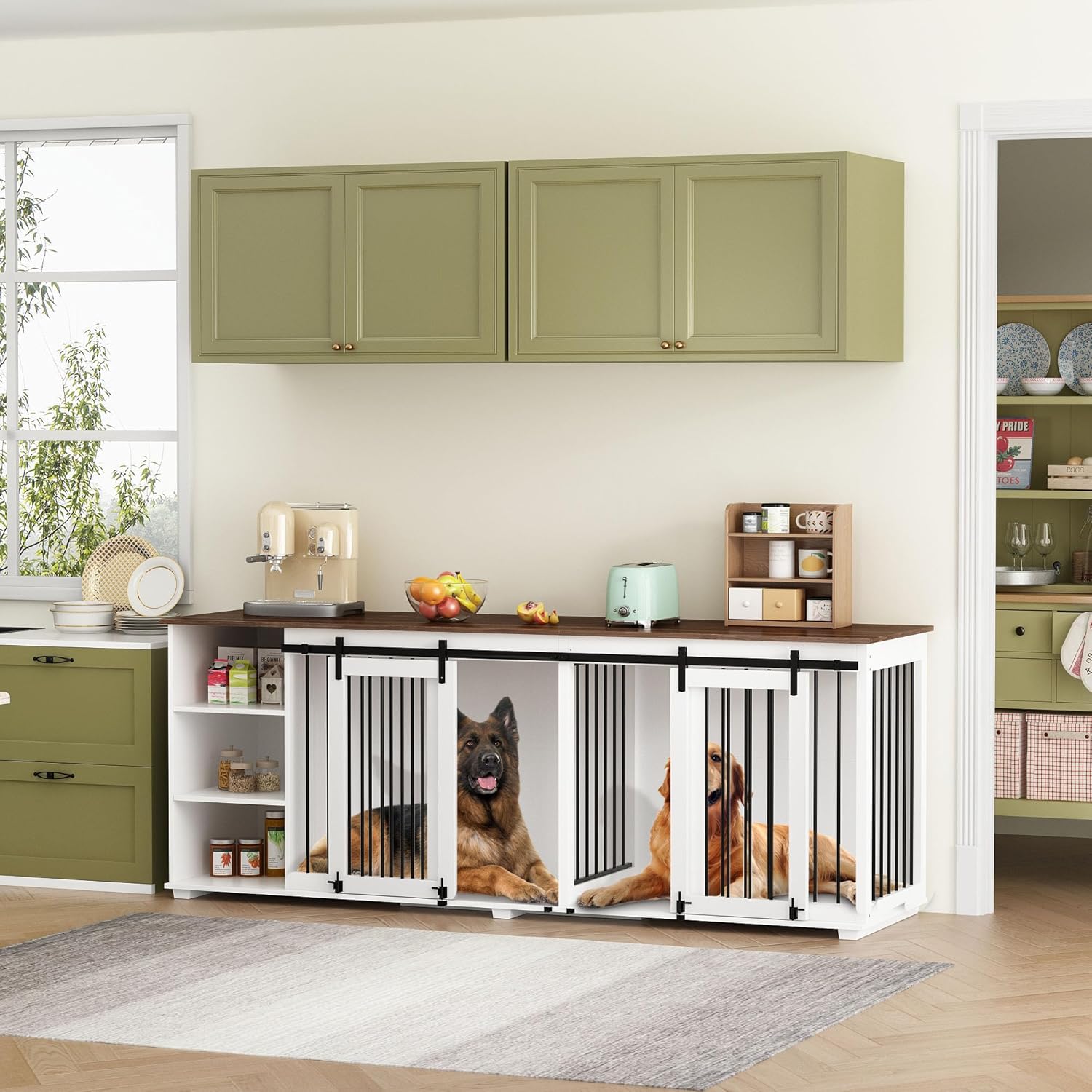 Large Dog Crate Furniture 86.6" Wooden Kennel for 2 Dogs with Shelves, White N47059