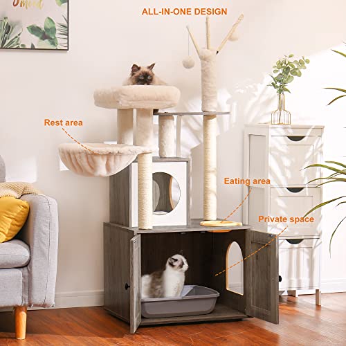 Heybly Cat Tree with Litter Box Enclosure and Food Station, Rustic Brown G73707