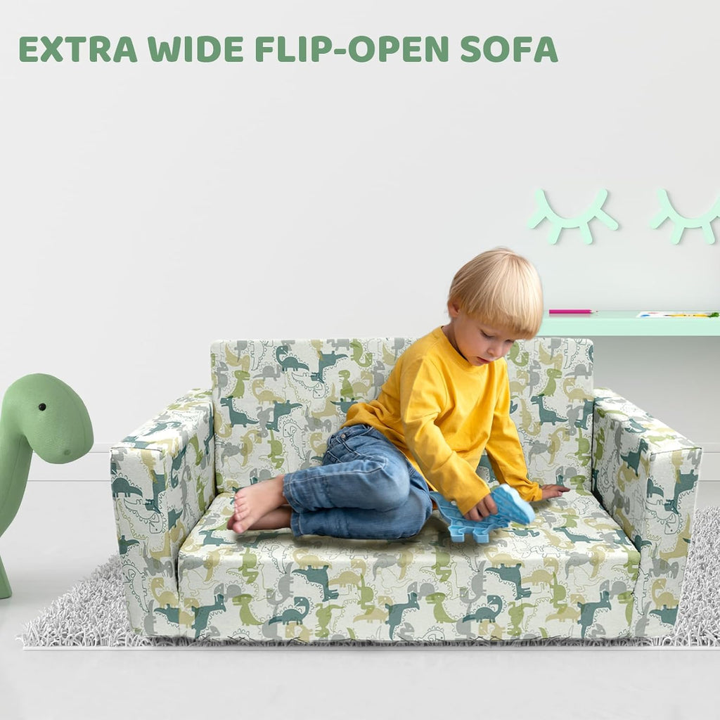 Extra Soft 2 Seats 2 in 1 Flip Open Chair & Sleeper, Cute Dinosaur Print for Toddlers (Blue-Balloon) Y574