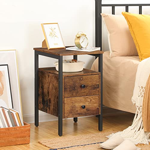 HOOBRO Nightstand, End Table with 2 Drawers and Storage Shelves, Rustic Brown and Black Y607661