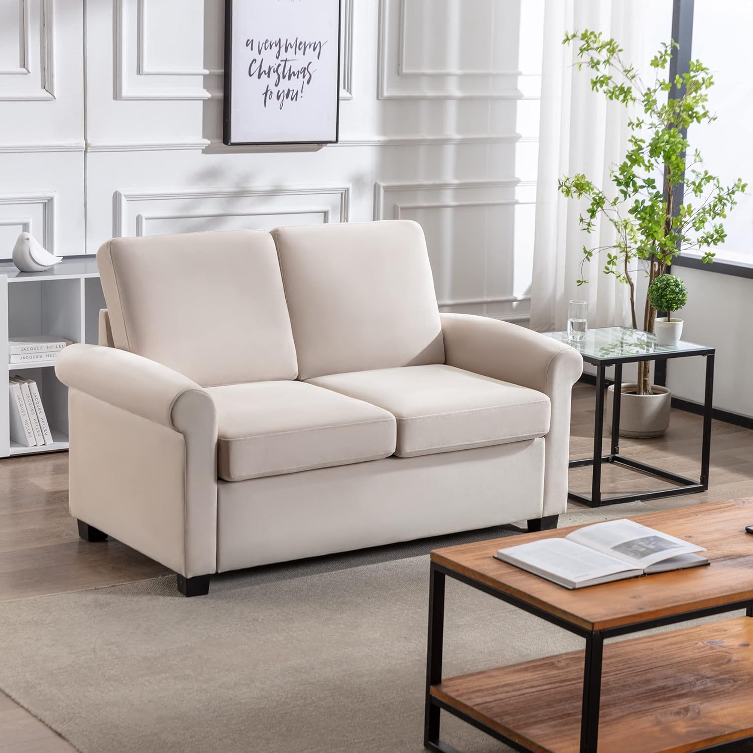 58.3" Pull Out Sofa Bed with Twin Mattress Pad, 2-in-1 Loveseat Sleeper, Beige White Y747